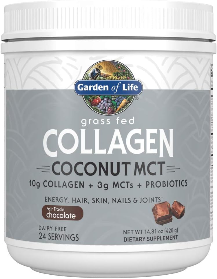 Κήπος της Ζωής Grass Fed Collagen Coconut MCT σκόνη - σοκολάτα, 24 σέρβις, Collagen Peptides συμπλήρωμα σκόνης για την ενέργεια Hair Skin Nails αρθρώσεις, Coconut MCTs & Προβιοτικά
