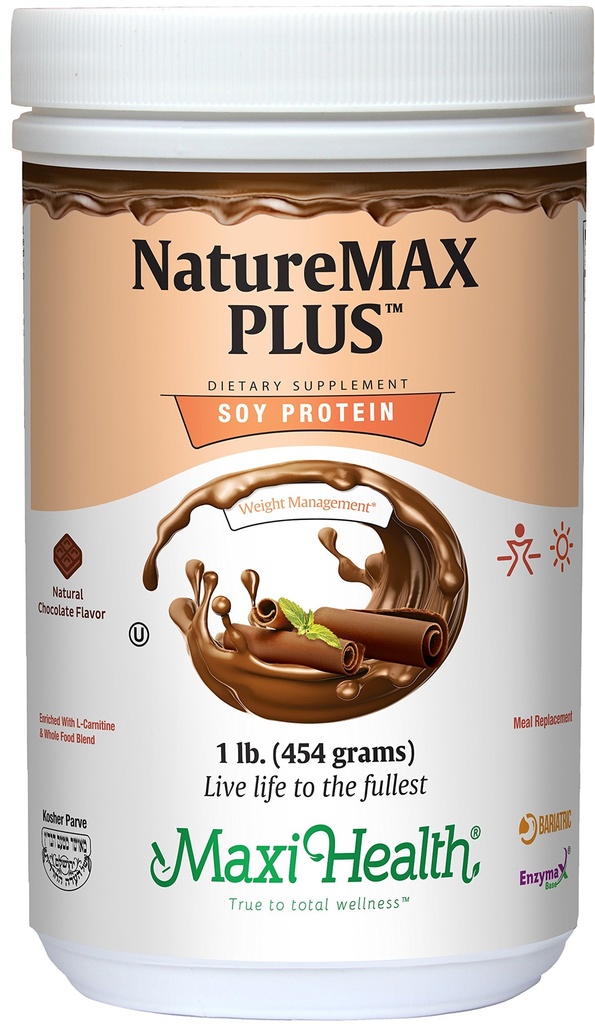 Maxi-Health NatureMAX Plus Ενεργειακή υποστήριξη Ποτό σε σκόνη πρωτεΐνης σόγιας - Συμπλήρωμα διατροφής χωρίς ζάχαρη - 20g πρωτεΐνη ανά υπηρεσία - Φυσική γεύση σοκολάτας - Kosher βιταμίνη - 1lb