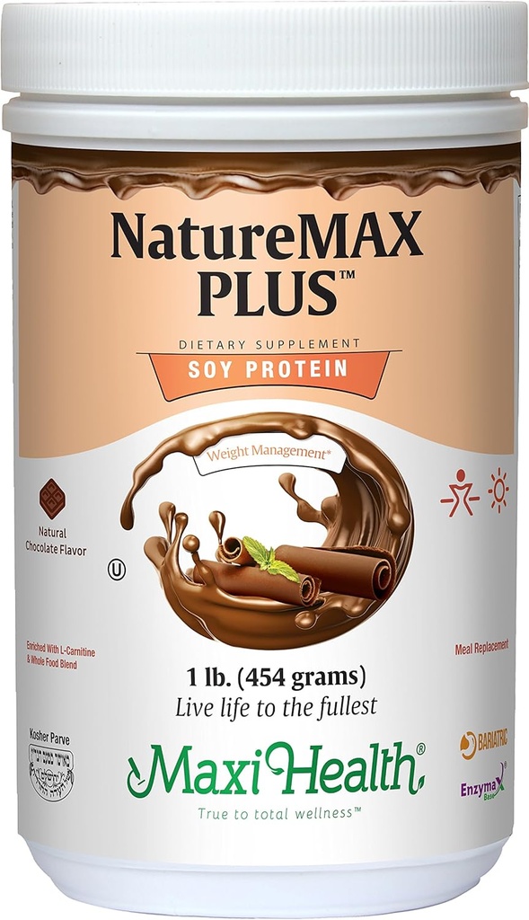 Maxi-Health NatureMAX Plus Ενεργειακή υποστήριξη Ποτό σε σκόνη πρωτεΐνης σόγιας - Συμπλήρωμα διατροφής χωρίς ζάχαρη - 20g πρωτεΐνη ανά υπηρεσία - Φυσική γεύση σοκολάτας - Kosher βιταμίνη - 1lb