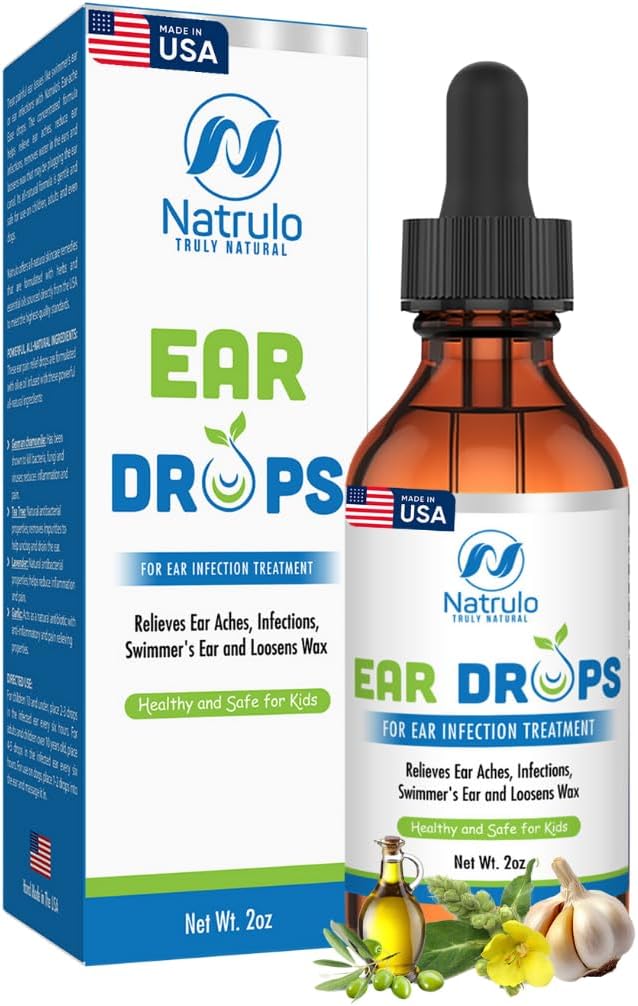 Natrulo Natural Ear Drops for Ear Infection - Ομοιοπαθητικά, Herbal Eardrops for Adults, Children & Pets - for Ear Aches, Swimmer's Ear, Loosen Wax - Kids Safe Ear Oil, Made in USA (2 Oz)