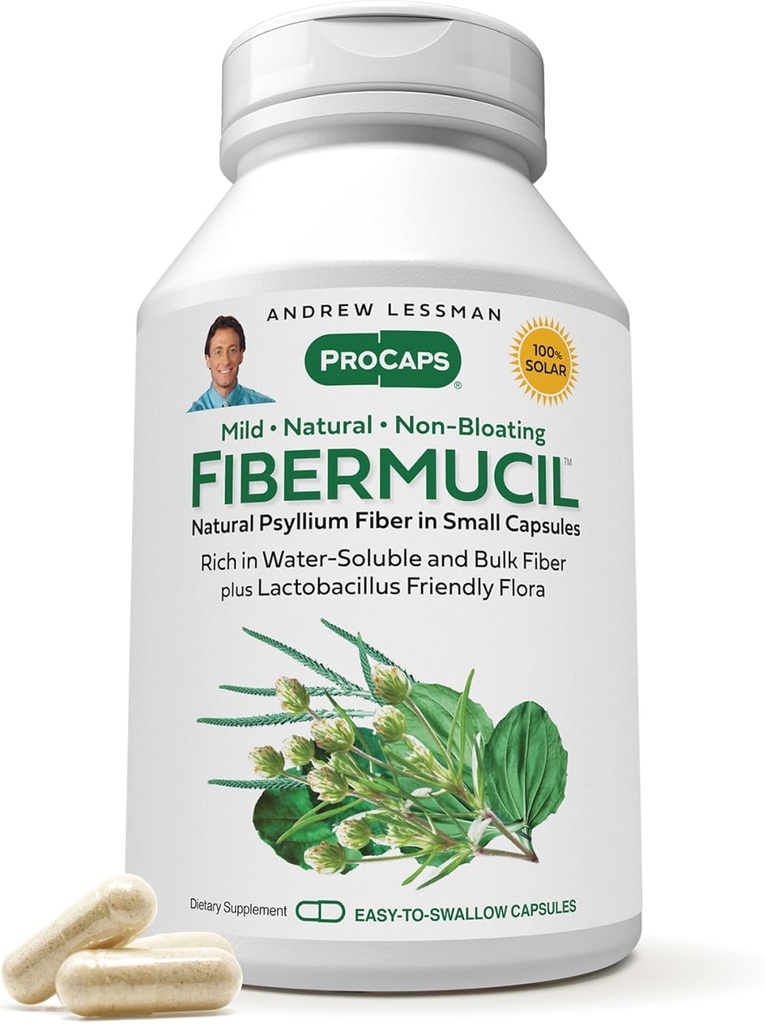 ANDREW LESSMAN Fibermucil 180 Capsules -Psyllium Husk Powder. Gently Promotes Regularity and Digestive Health. Rich in Fiber. Gentle, Easy, Effective. No Additives. Small Easy to Swallow Capsules