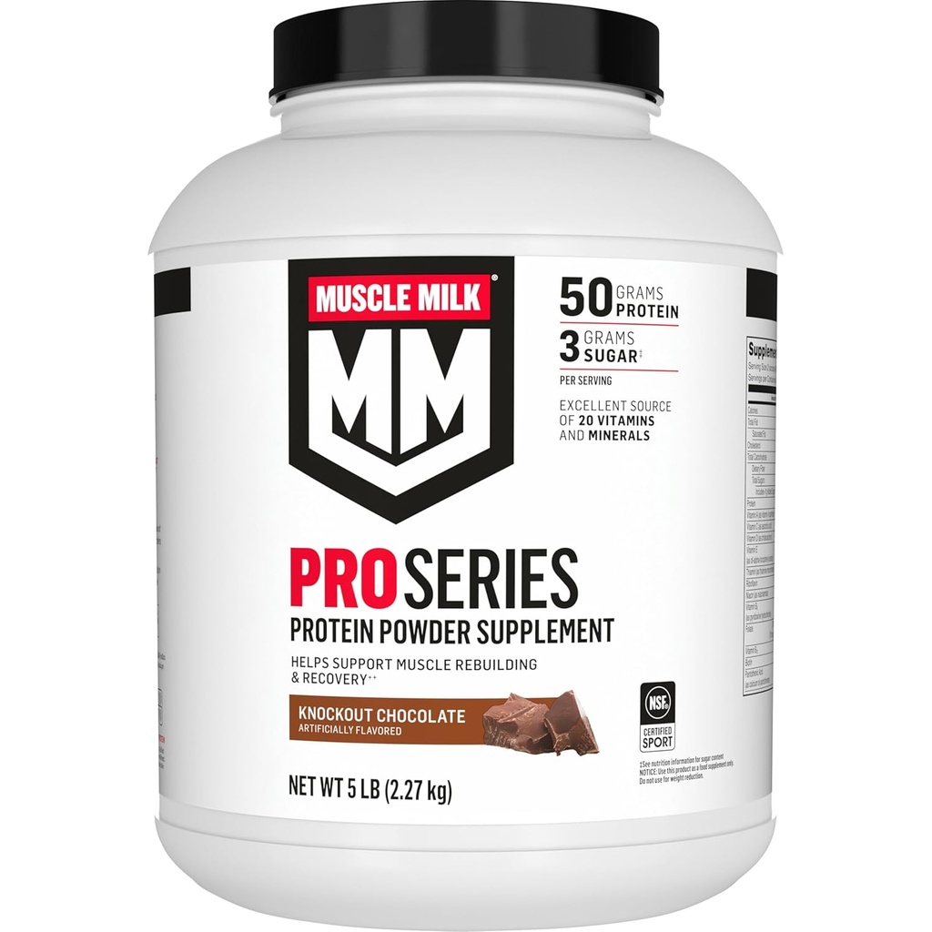 Muscle Milk Pro Series Pro Protein Powder Supplement, Knockout Chocolate, 5 Λίρες, 28 Σερβιέτες, 50g Protein, 3g Sugar, 20 Βιταμίνες & Ορυκτά, NSF Certified for Sport, Processed Recovery