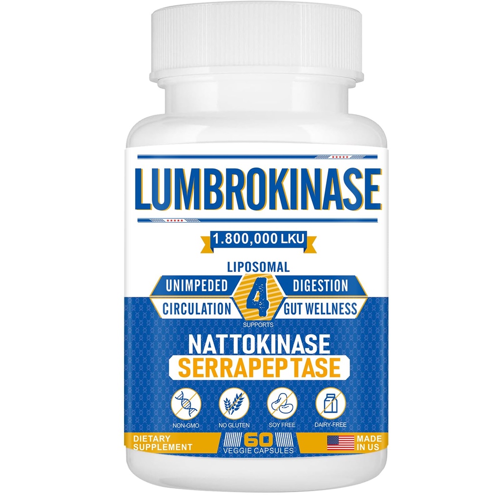 Liposomal Lumbrokinase Nattokinase Serrapeptase Complex, Lumbrokinase Supplement for Circulation Heart Health and Digestion, 60 Κάψουλες