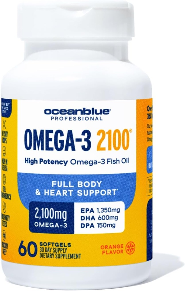 Oceanblue Professional Omega-3 2100-60 Count - Τριπλή δύναμη υψηλής ισχύος Burpless Fish Oil συμπλήρωμα με EPA, DHA & DPA - Πορτοκαλί Γεύση, 30 εξυπηρετούν