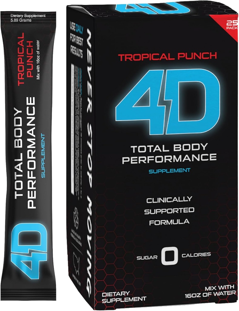 4D - Tropical Punch 25 Unit Box- Vitamins & Energy Powder Packets - Zero Calories & Sugars - Gluten Free, Non-GMO, Keto & Vegan Friendly