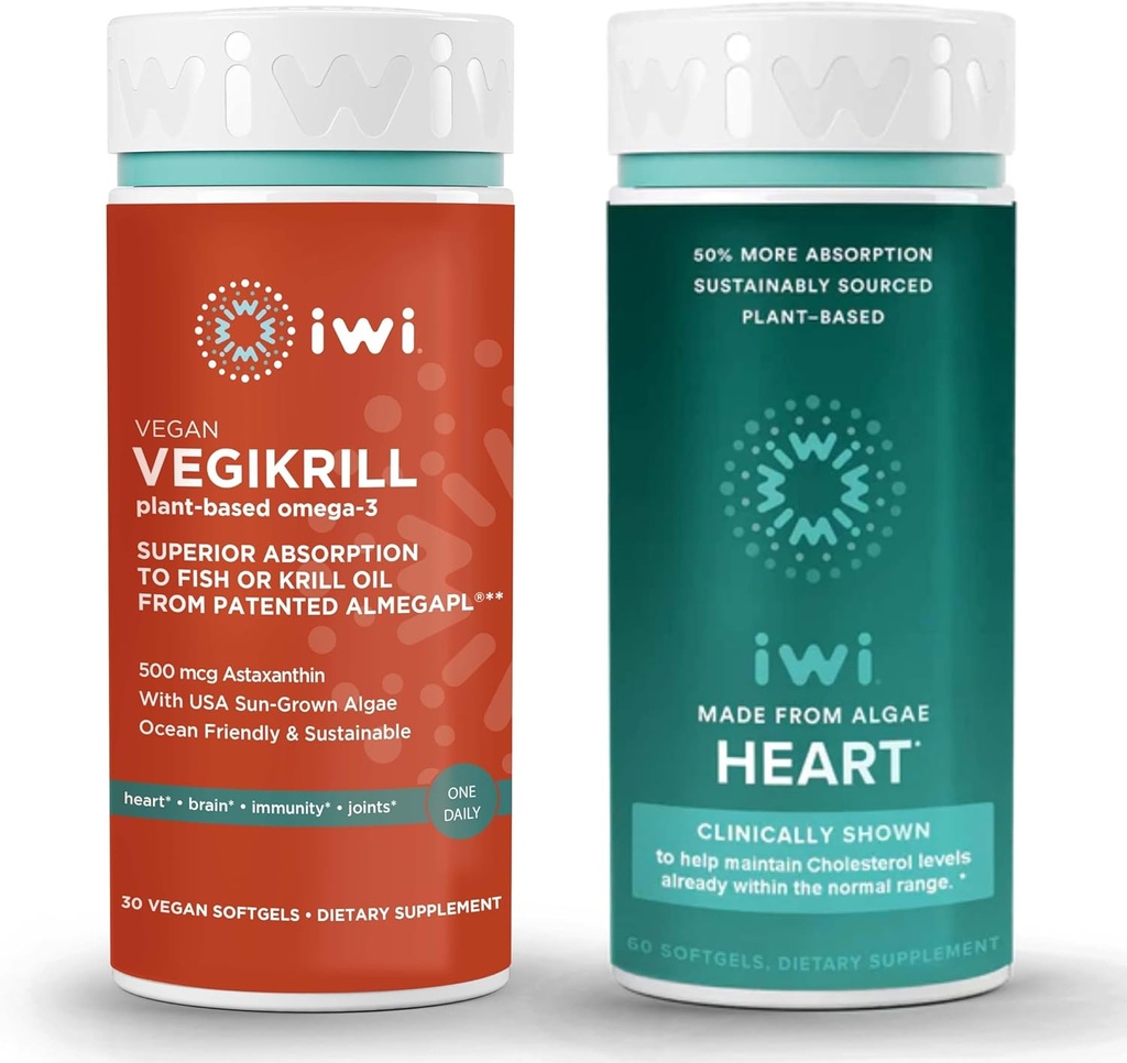 iwi Life Vegikrill & Heart Omega-3 Bundle, 30 εξυπηρετήσεις, Vegan Plant-Based Algae Omega 3, Krill & Fish Oil Εναλλακτική, Χωρίς Αλιευτική Επίγευση