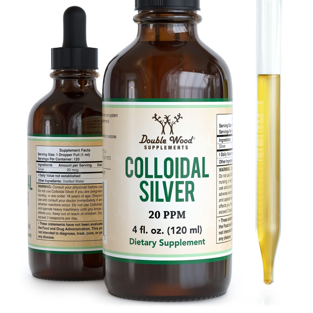 Κολλοειδές Ασημί Υγρό 20 PPM - 4 FL OZ (Plata Coloidal with Dropper) 99,9% Καθαρό, Χωρίς Γλουτένη, Μη ΓΤΟ με Διπλά Συμπληρώματα Ξύλου