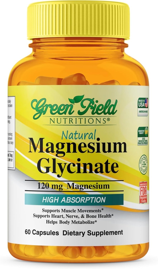 Greenfield Διατροφές halal Μαγνήσιο Γλυκινικό 120mg (60 κάψουλες) - Χωρίς γλουτένη συμπλήρωμα καθαρού μαγνησίου - Halal Vitamin Supports Νεύρο, καρδιά, οστά και μυϊκές κινήσεις