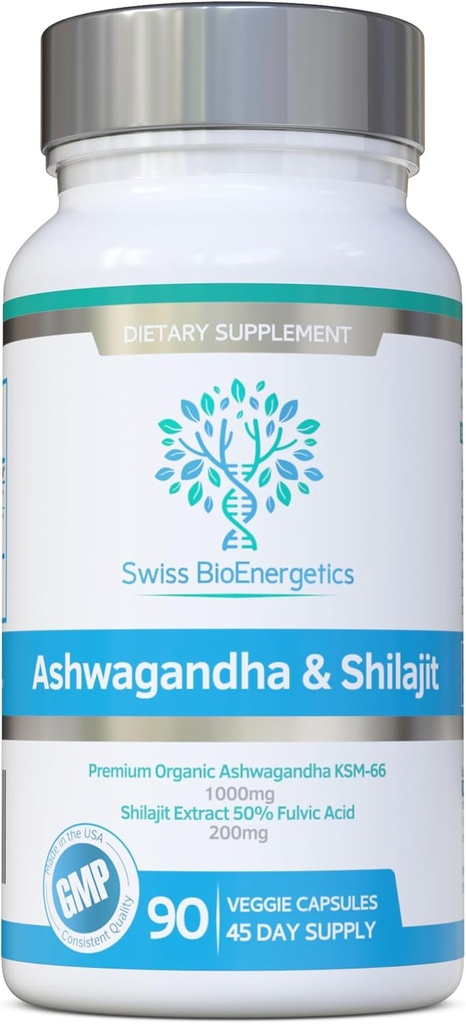 Ashwagandha & Shilajit - Ashwagandha KSM-66 1000mg & Καθαρισμένο εκχύλισμα Shilajit 200mg (50% Fulvic Acid) - Χωρίς τεχνητά πληρωτικά, υποδοχές ή παράγοντες ροής - Κατάλληλο για Vegans