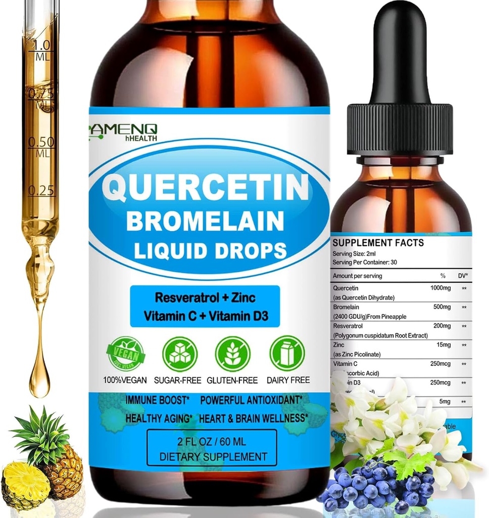 Quercetin με βιταμίνη C και ψευδάργυρο - Quercetin Υγρές σταγόνες - Quercetin με Bromelain - ψευδάργυρος Quercetin - ανοσοποιητικό συμπλήρωμα υποστήριξης για την αναπνευστική υγεία & την απόκριση του σώματος σε περιστασιακές αλλεργίες
