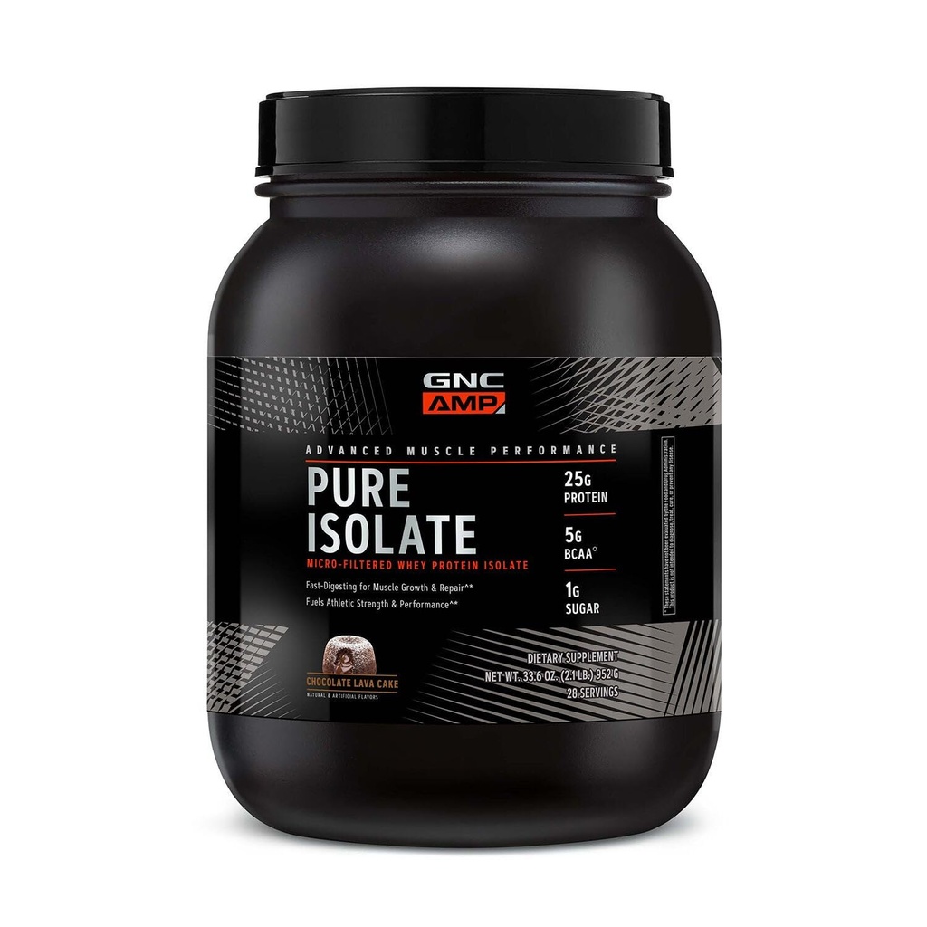 GNC AMP Pure Isolate | Fuels Athletic Strength, Performance and Muscle Growth | Fast Absorbing | 25g Whey Protein Iso with 5g BCAA | 28 Servings | Chocolate Lava Cake