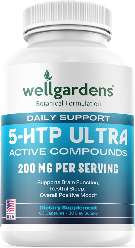 100% καθαρό 200 MG 5-HTP Ultra για υγιή ύπνο και αίσθηση ευεξίας - Mood υποστήριξης, άγχος, ύπνος - 5HTP Συμπλήρωμα με ασβέστιο - 60 κάψουλες 5HTP 200mg, 30 σερβιέτες