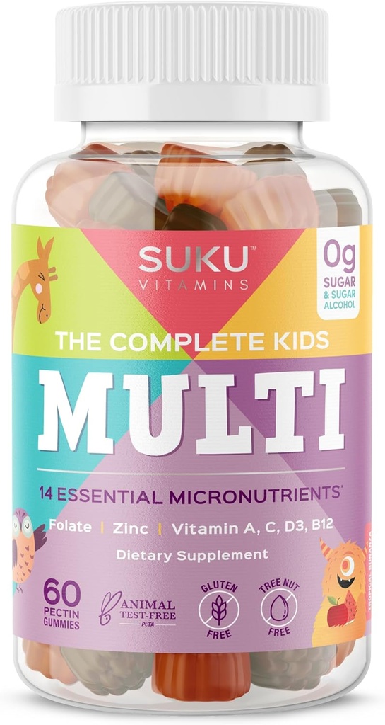 SUKU The Complete Kids Multivitamin Gummies – Βιταμίνες A, C, D, E, B6, B12, Folate & Zinc – Ανοσολογική Υποστήριξη, Χωρίς ζάχαρη, Χωρίς γλουτένη, Μη ΓΤΟ, Τροπικό άρωμα Bonanza – 60 Count