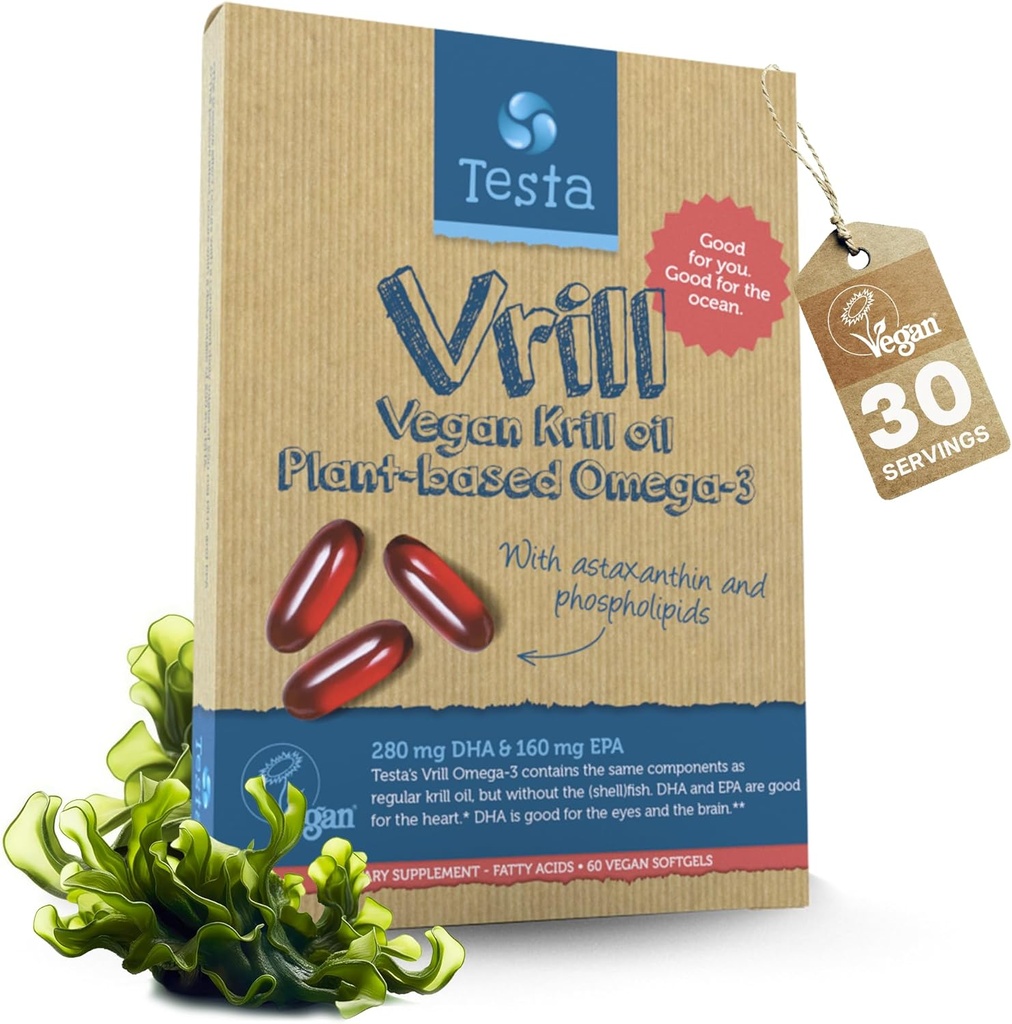 Testa Omega 3 Vegan Krill Supplement-1000mg Softgels, 2 φορές Περισσότερα Ωμέγα-3, DHA, EPA, Ασταξανθίνη, Φωσφολιπίδια - Καρδιά, Εγκέφαλος, Μάτι, Κοινή Υποστήριξη - Όχι από τα ψάρια, Algae Πηγή - 60 Softgels