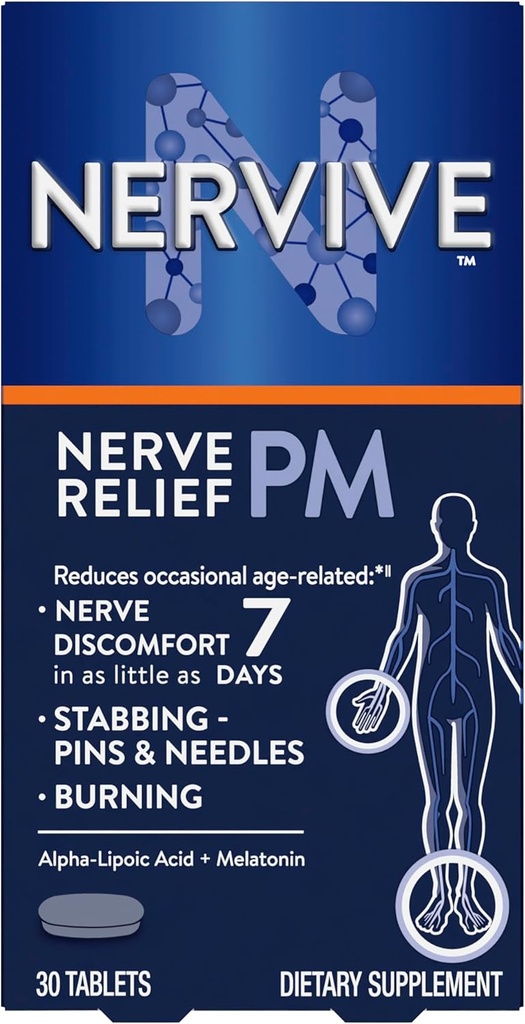 Nervive Nerve Relief PM, Περιστασιακά Nerve Disfort II, Sleep Aid, Αρχίζει να εργάζεται σε 7 ημέρες, μαχαίρωμα, κάψιμο, άλφα Lipoic Acid, μελατονίνη, βιταμίνη Β, Turmeric, Ginger, Nervive συμπλήρωμα, 30 ct