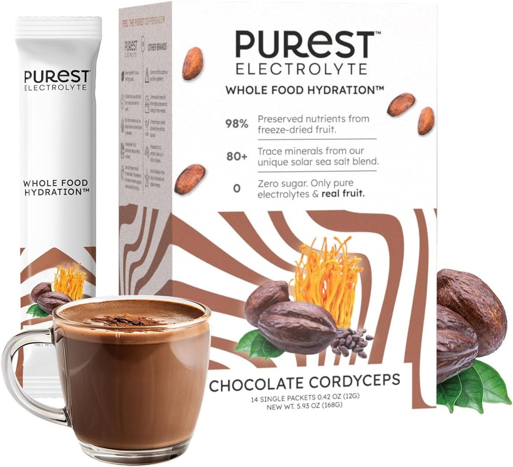 Know Brainer Purest Ηλεκτρολυτικά Σοκολάτα Cordyceps Packets σκόνη – Ολόκληρη ενυδάτωση τροφίμων - Ζυμωμένα άλατα Cacao και ηλιακής θάλασσας για την απόλυτη ισορροπία ηλεκτρολυτών