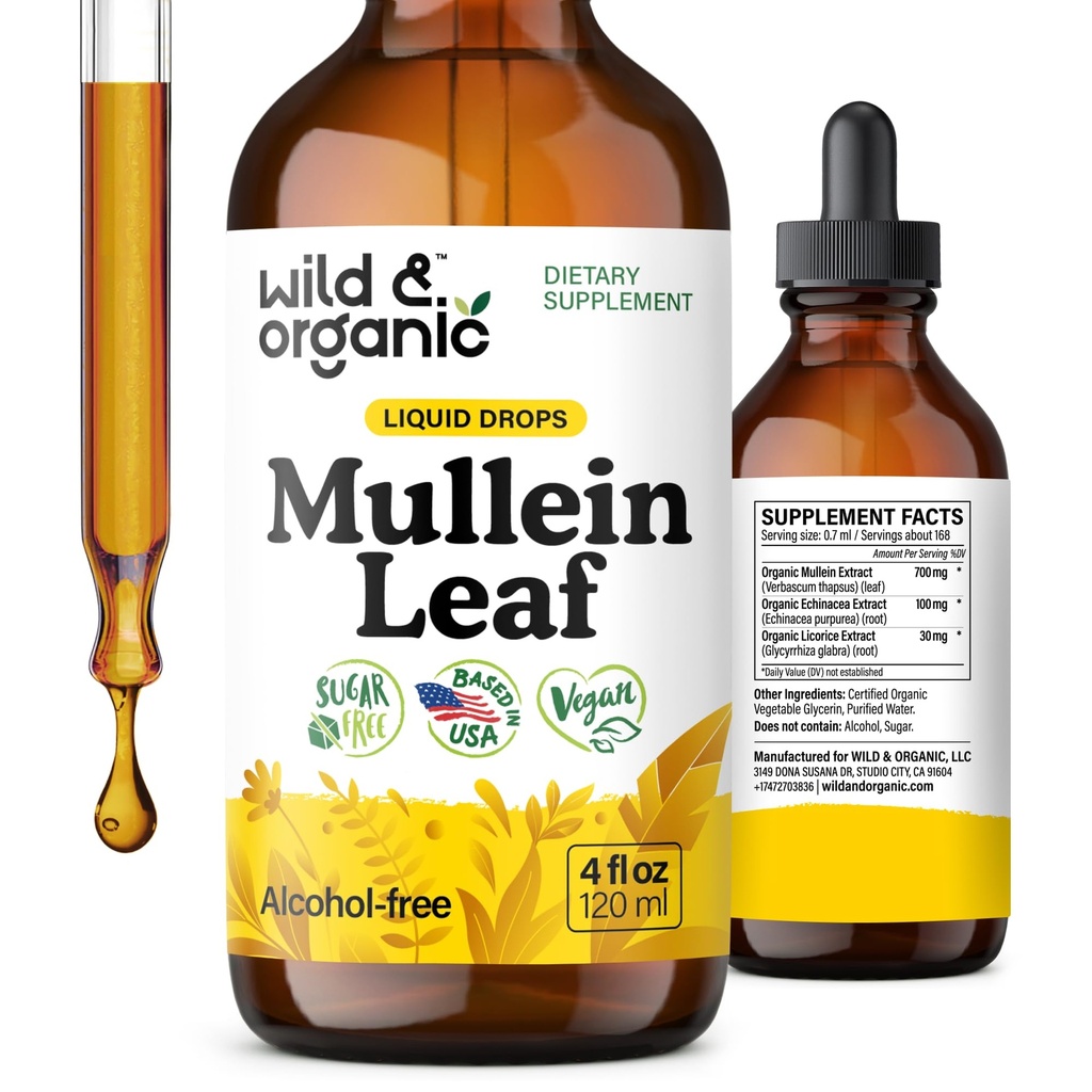 Βάμμα Άγριας & Βιολογικής Μαλλεΐνης - Lung Cleanse and Detox - Liquid Mullein Leaf Extract για Πνεύμονα με Echinacea - Verbascum Thapsus Drops - Vegan, Sugar & Alcohol-Free Supplement - 4 fl oz