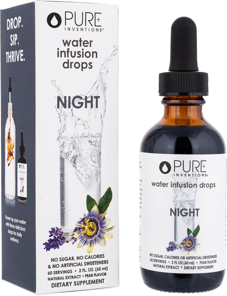 Night Inventions - Pear Flavored Water Infusion Drops - Χωρίς ζάχαρη, θερμίδες ή τεχνητά γλυκαντικά - 60 μερίδες - 2 ουγγιές