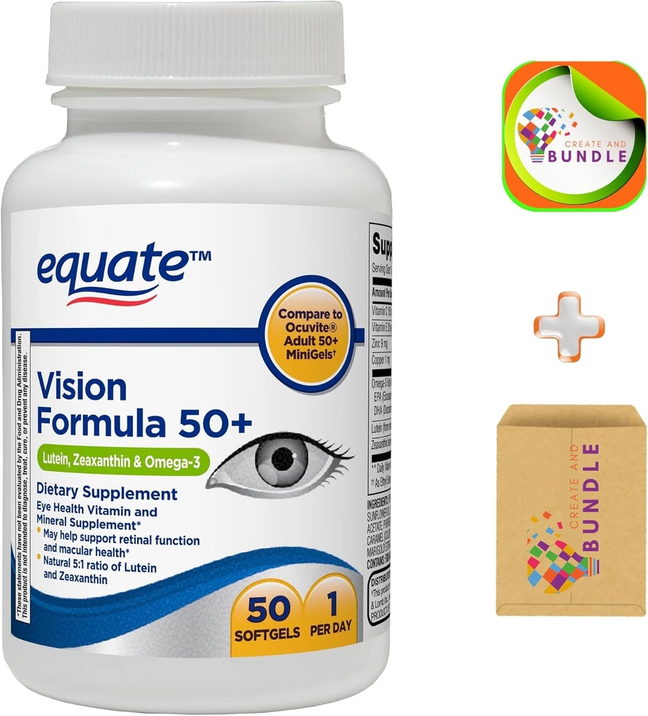 Equate Vision Formula 50 + Soft Gels Dietary Supplement - 50 Count + CreativeAndBundle Sticker