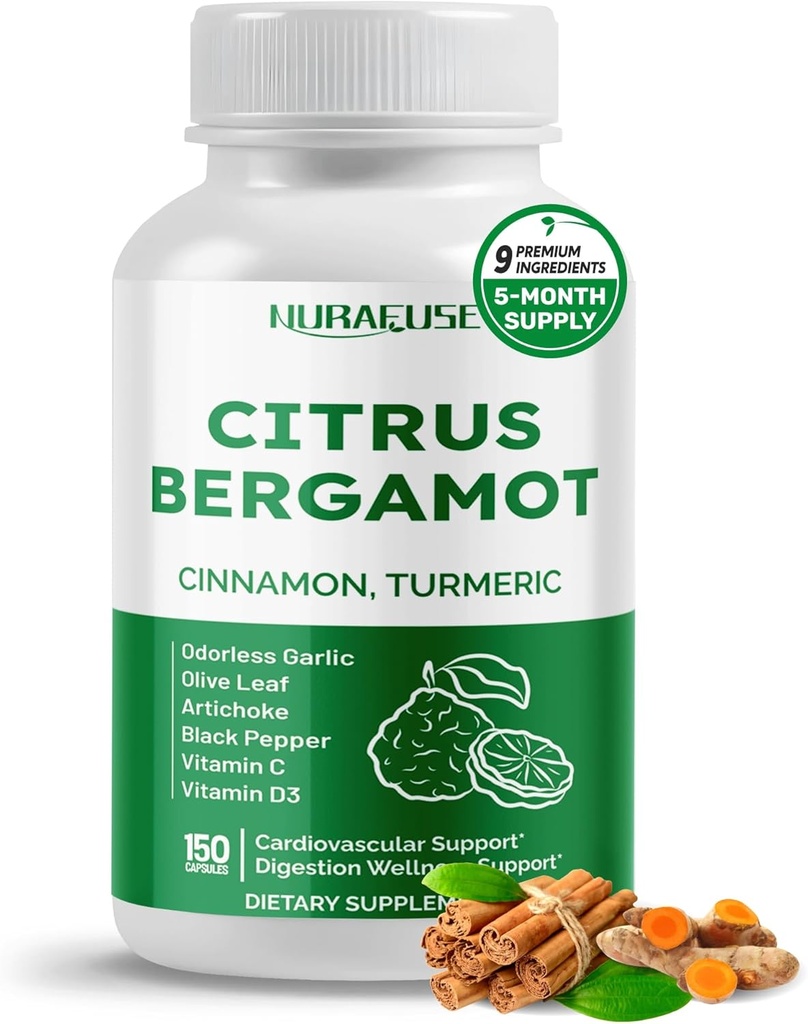 Citrus Bergamot 9-in-1 Formula - with Cinnamon Turmeric Odorless Garlic, Olive Leaf, Artichoke - Made and Tested in The USA