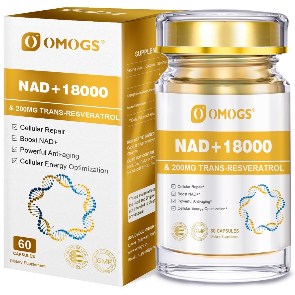 OMOGS NAD+ 300 mg + Trans- ρεσβερατρόλη 200 mg, καθαρό συμπλήρωμα NAD, μέγιστη απορρόφηση, ενίσχυση συμπλήρωμα για την επισκευή DNA, υγιή γήρανση, Cellular Energy & Longevity, 60 κάψουλες