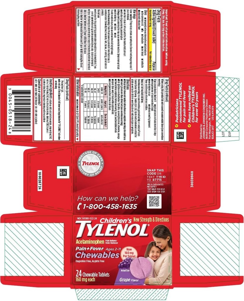 Παιδικό άλγος Tylenol + Πυρετός Μασώμενα Δισκία Αρώματα Σταφυλιού - 24 ct, Συσκευασία των 4