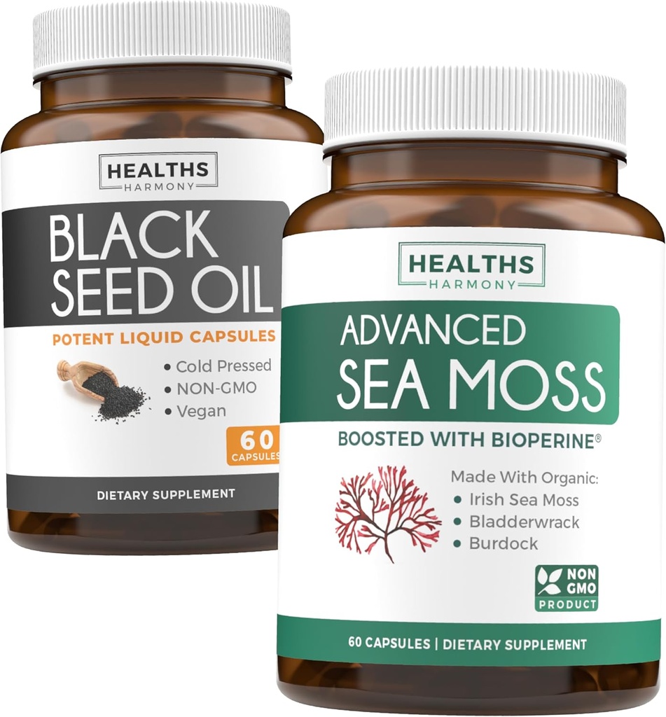 Black Seed Oil & Irish Sea Moss (1-Month Supply) - Wellness Duo Bundle of Black Seed Oil (60 Capsules) Cold-Pressed Nigella Sativa & Irish Sea Moss (60 Capsules) with Bioperine and Bladderwrack