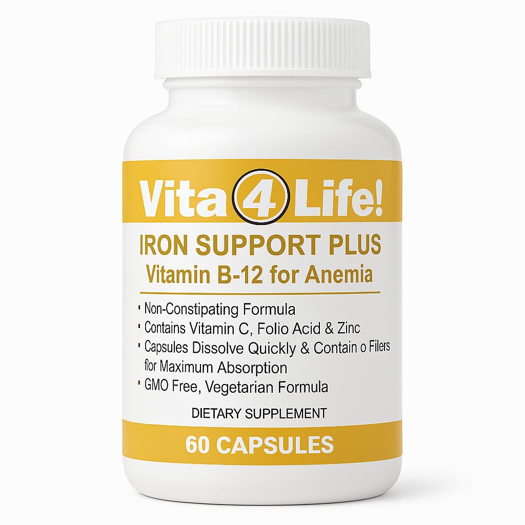 Vita4Life!® Iron Supplement for Daily Support | Formulated for Absorption | Gentle on Stomach | No Fillers | with Vitamin C & B12 | Easy to Take Capsules