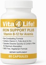 Vita4Life!® Iron Support Plus - 40mg Iron with Vitamin C, B-12, Follic Acid & Zinc - 60 Κάψουλες - Μη Συντηρητική Φόρμουλα για την υποστήριξη των ερυθρών αιμοσφαιρίων & την ενέργεια - Χορτοφαγικά & GMO-free