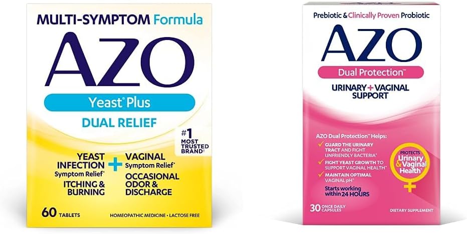 AZO Yeast Plus Dual Relief 60 Δισκία, Λοίμωξη μαγιάς & Κολπικό Σύμπτωμα Ανακούφιση + Διπλή Προστασία, Ουρολοίμωξη + Κολπική Υποστήριξη*, Προβιοτικό Plus Κλινικά Αποδεδειγμένο Προβιοτικό Γυναικών 30