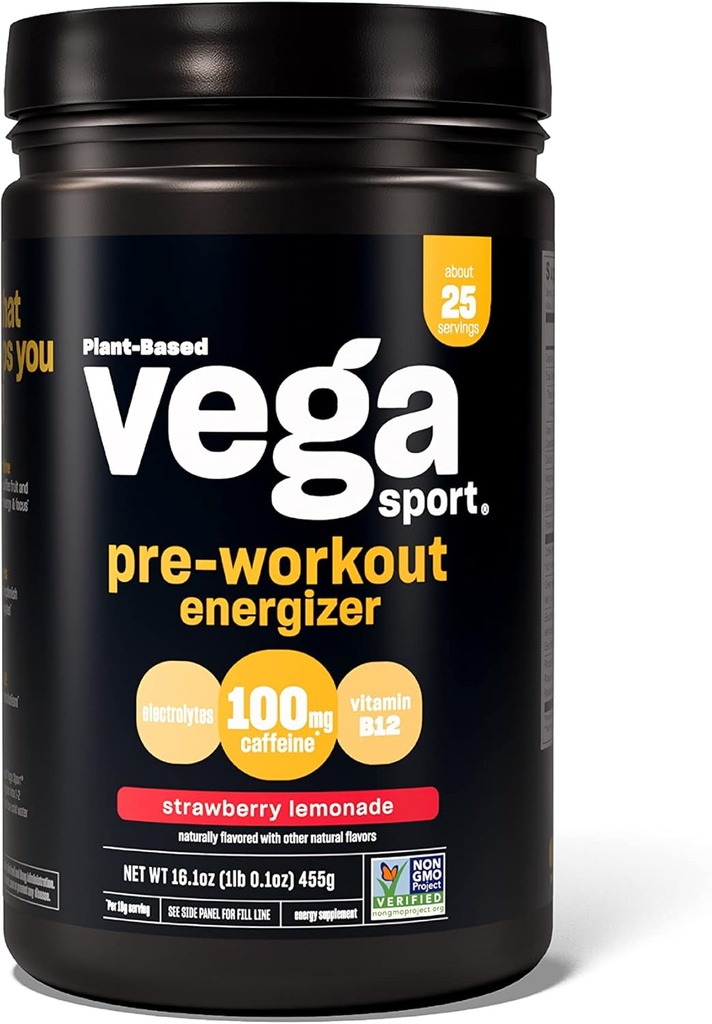 Vega Sport Energieer πριν την προπόνηση, φράουλα λεμονάδα - Pre προπόνηση σκόνη για γυναίκες & άνδρες, υποστηρίζει την ενέργεια και εστίαση, ηλεκτρολύτες, Vegan, Keto, χωρίς γλουτένη, μη ΓΤΟ, 1.1 lbs