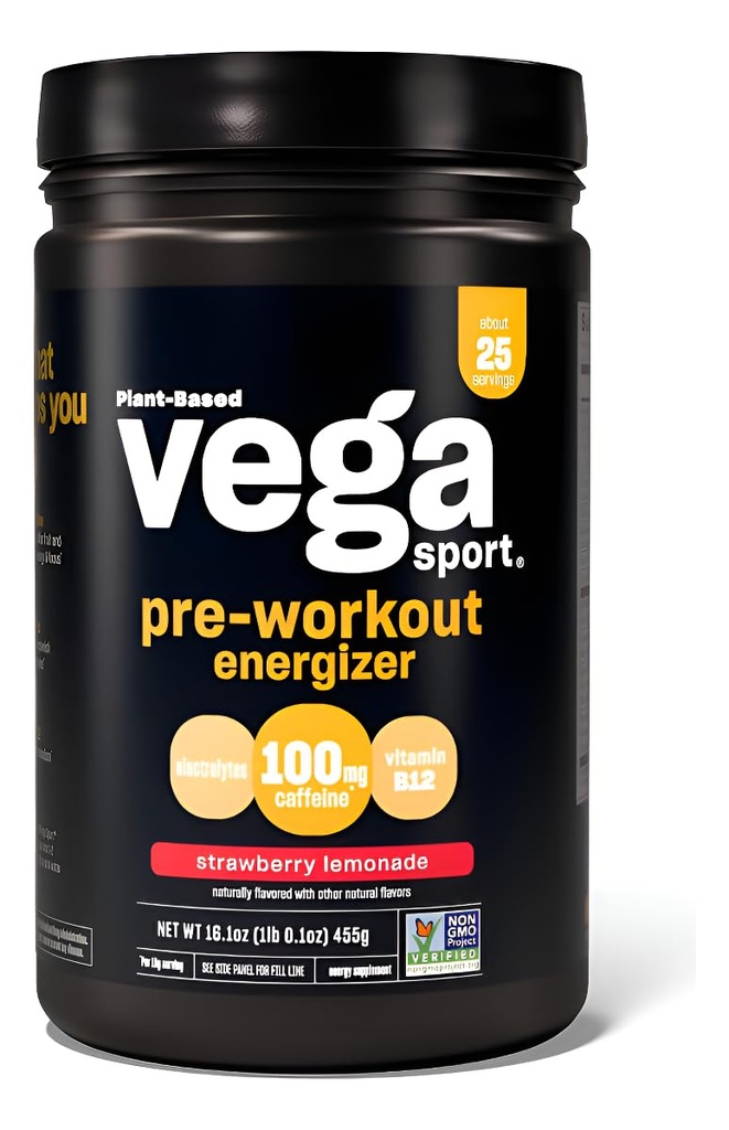 Vega Sport Energieer πριν την προπόνηση, φράουλα λεμονάδα - Pre προπόνηση σκόνη για γυναίκες & άνδρες, υποστηρίζει την ενέργεια και εστίαση, ηλεκτρολύτες, Vegan, Keto, χωρίς γλουτένη, μη ΓΤΟ, 1.1 lbs