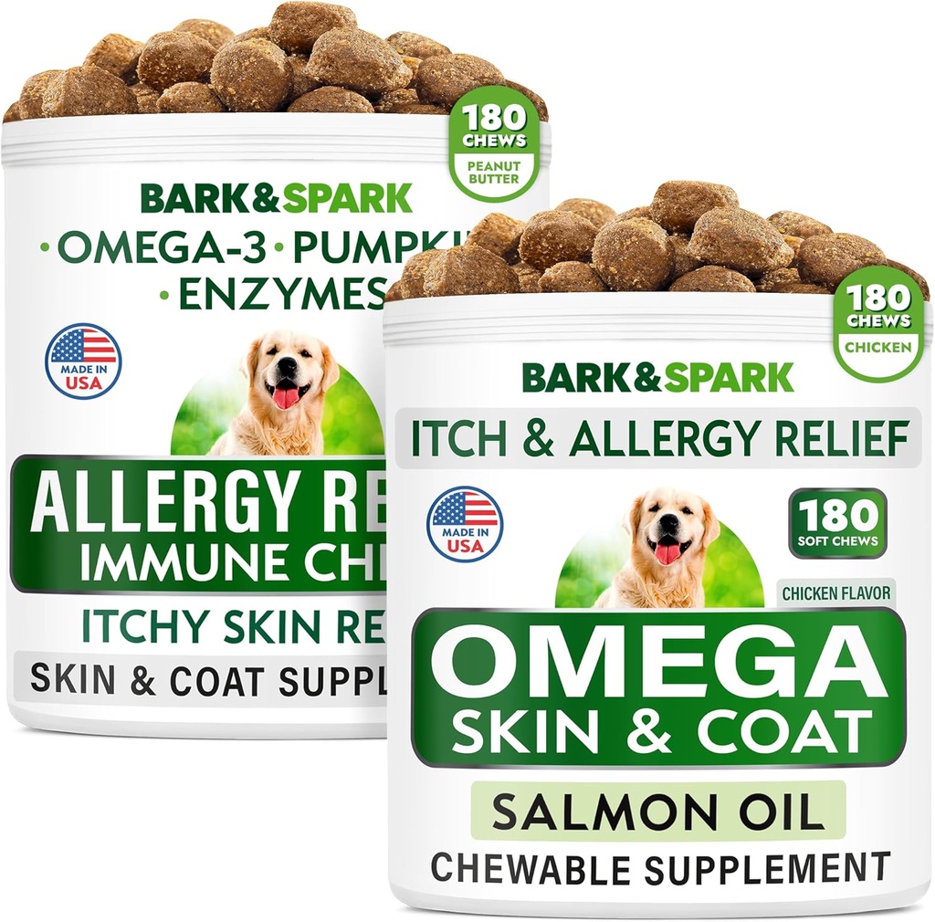Αλλεργία Ανακούφιση + Ωμέγα 3 για Σκύλοι Bundle - Anti-Itch Skin & Coat + Skin Allergy - Ωμέγα 3 Fish Oil + EPA & DHA Fatary Acid - Iching & Paw Licking + Joint Health - 360 Chews - Made in USA