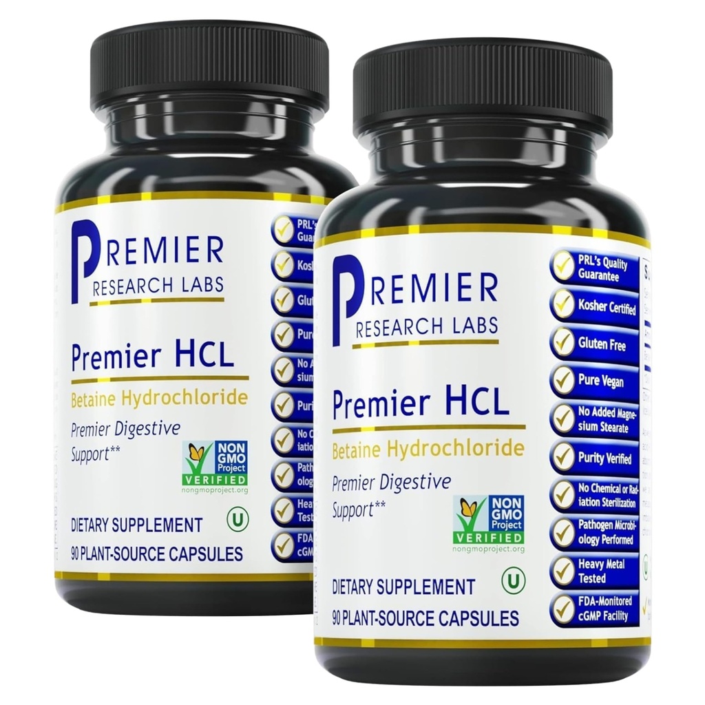 Premier Research Labs Premier HCL - Betaine HCL, Betaine Hydrochloride Supplement for Optimal Digestive Function, Nutrient Abvorvation, Betaine-HCL for low Stomach Acid- 90 Vegetarian Caps (2 Pack)