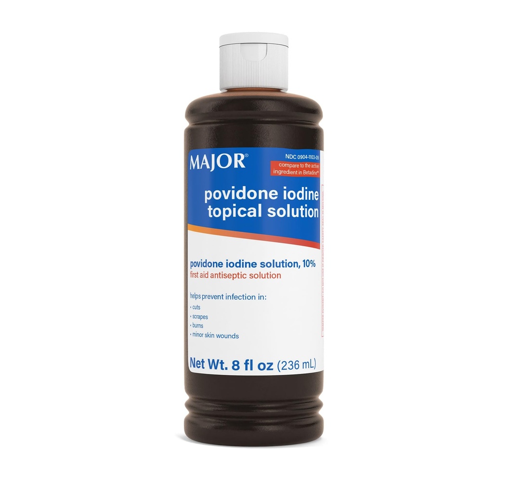 Major 10% Povidone-Iodine Liquid Topical Solution, USP - Topical Antiseptic for Cuts, Scrapes, Burns, and Minor Skin Wounds - 8 Fl. Oz.