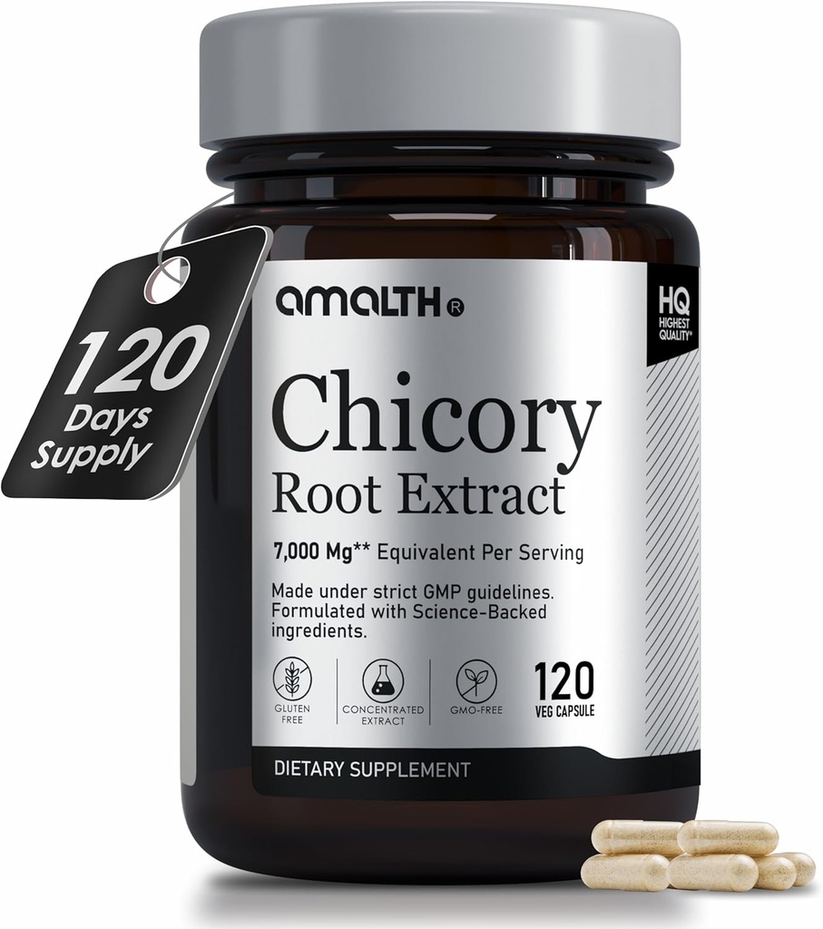 AMALTH Chicory Root Fiber Κάψουλες 500mg - Chicory Root Powder for Gut Cleanse & Digestive Support - Vegan, μη GMO Inulin Prebiotic Fiber Supplement, 120 Caps
