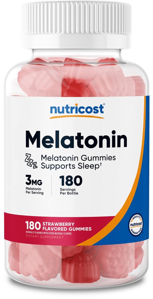Nutricost Μελατονίνη 3mg, 180 Gummies, Φράουλα Γεύση - Χωρίς γλουτένη, Μη ΓΤΟ, Χωρίς Σιρόπι καλαμποκιού