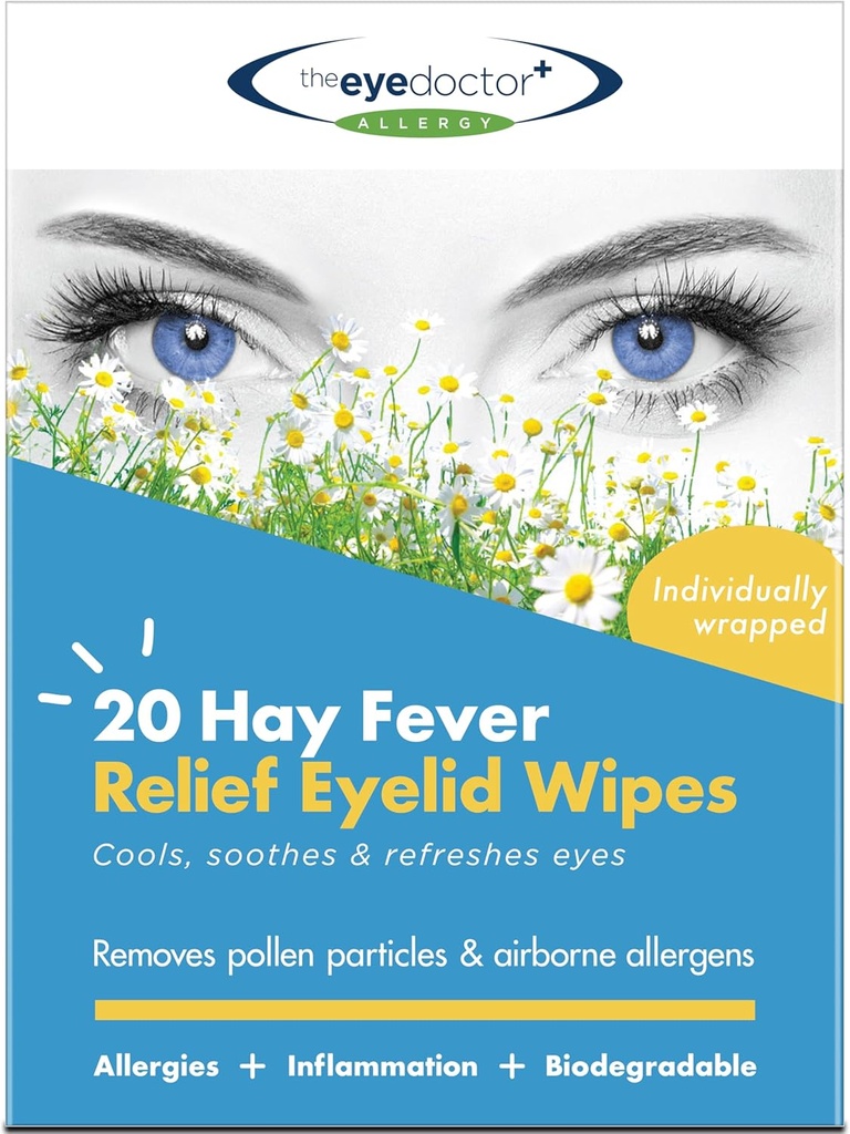 Eye Doctor Hay Fever Relief Eyelid Wipes - 20x Μόνος Χρήση Eye Wipes for Allergy & Hayfever - Φλεγμονή, Υγρά Ίχνη Μάτια, Πονοκέφαλοι & Ημικρανίες - Ψύξη Καταπραϋντική Ανακούφιση
