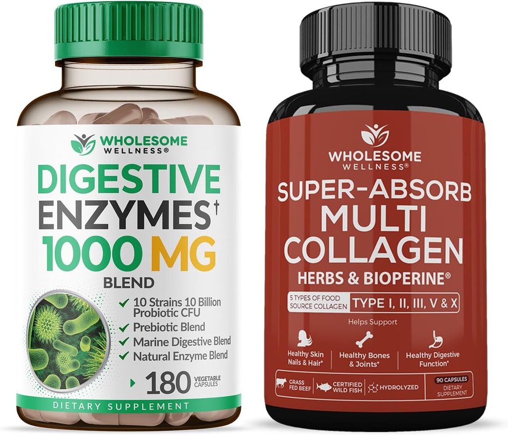 Υγιή προϊόντα διατροφής 1000MG Plus Prebiotics & Probiotics συμπλήρωμα + Super-Absorb Multi Collagen Pills (Type I II III V X) Βιολογικά βότανα και Bioperine Bundle