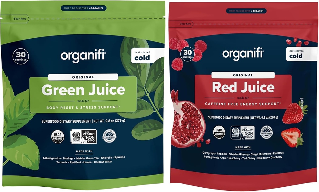 Organifi Green Juice and Red Juice Bundle - 30 Day Supply - Πεντανόστιμο, αναζωογονητικό συμπλήρωμα οργανικών τροφίμων σε σκόνη με αντιοξειδωτικά για την ενέργεια και την ανακούφιση από το στρες - Δεν GMO, γλουτένη, ή σόγια