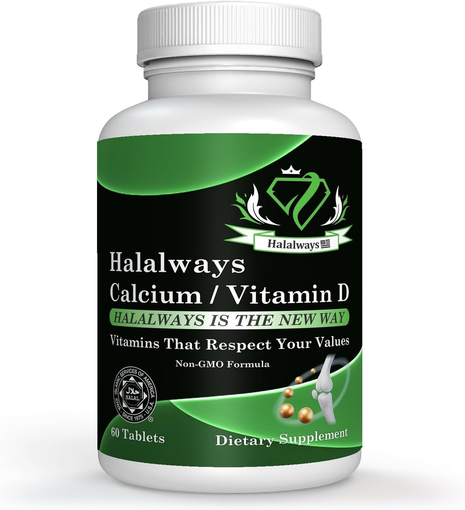 Halalways Calcium/Vitamin D Certified Halal Supplement Bone Health Support, με ασβέστιο & βιταμίνη D, συμπλήρωμα διατροφής, συμπληρώματα βιταμίνης, για άνδρες και γυναίκες, (650mg ασβέστιο, βιταμίνη D 10mcg)