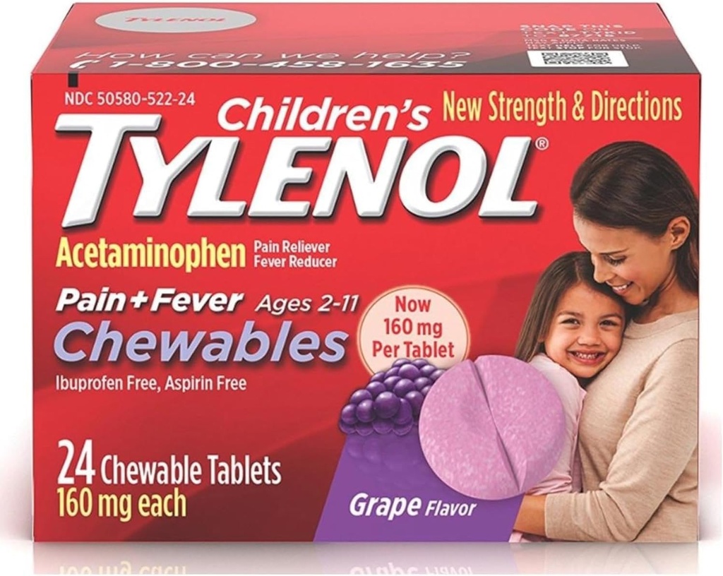 Tylenol Παιδικός Πόνος + Πυρετός Μασώμενα δισκία 160 mg, Grape Flavor 24 ea (3 Συσκευασία)