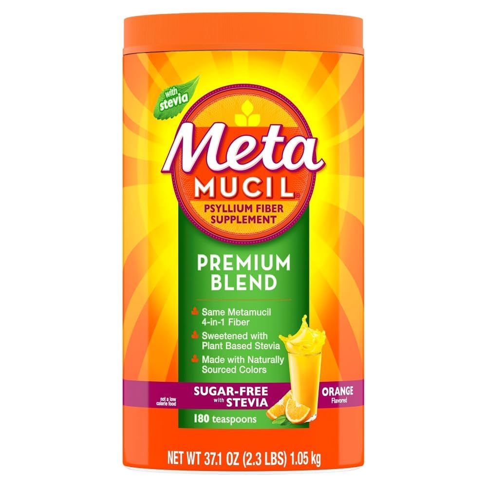 Metamucil Premium Blend, 4-σε-1 Fiber συμπλήρωμα για την Digestive Υγεία, Psyllium Husk Fiber σκόνη, ζάχαρη-δωρεάν με Stevia, Φυτικές Ίνες συμπλήρωμα, Πορτοκαλί Γεύση, 180 κουταλάκια του γλυκού