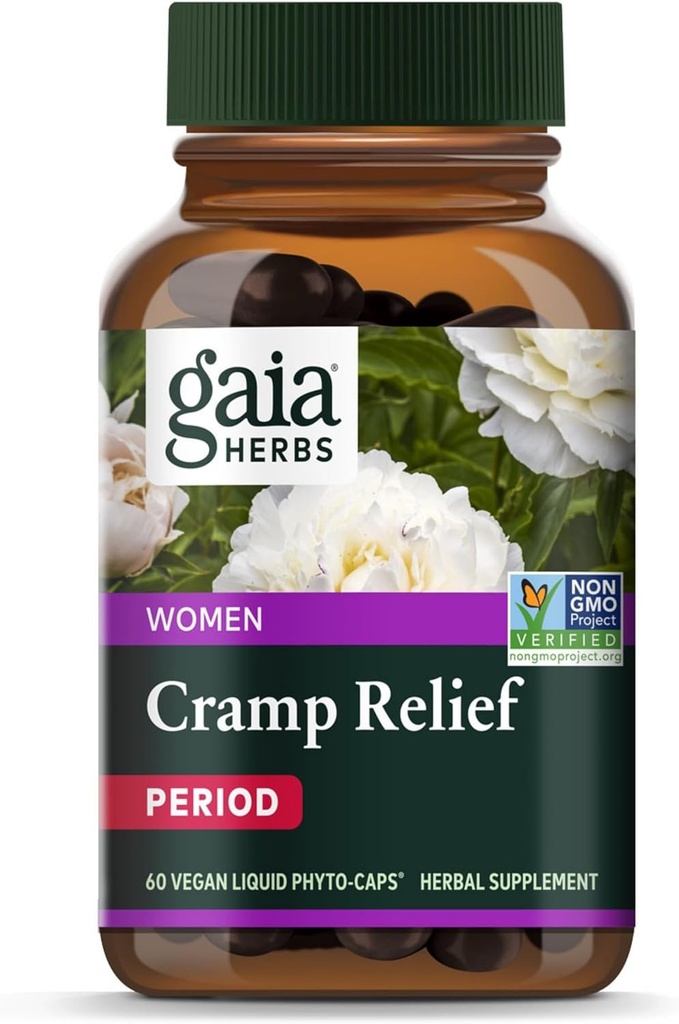 Gaia Herbs Cramp Relief - Herbal Supplement for Hormone Balance & Period Cramp Relief - Made with Organic Licorice Root, White Peony Root, Turmeric & More - 60 Vegan Capsules (60 Servings)