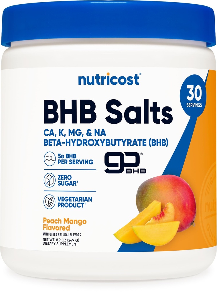Nutricost BHB Αλάτια Μείγμα ποτών (30 σερβιέτες, Ροδάκινο Μάνγκο Γεύση) (5G BHB ανά υπηρεσία) - 0G Σύνολο Σάκχαρα, Χορτοφαγικό Προϊόν