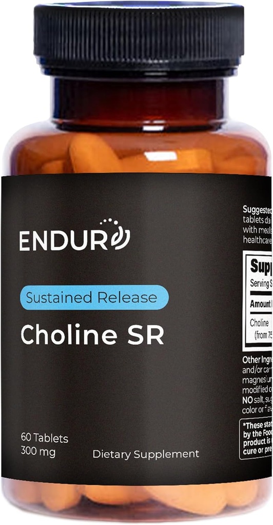 Endur Choline L (+) Bitartrate, Παρατεταμένη απελευθέρωση Εγκέφαλος & Συστατικό Συμπλήρωμα Υποστήριξης, Προγεννητική Ασφαλής, Vegan, Μη ΓΤΟ, Χωρίς Γλουτένη, 300mg (60 δισκία)