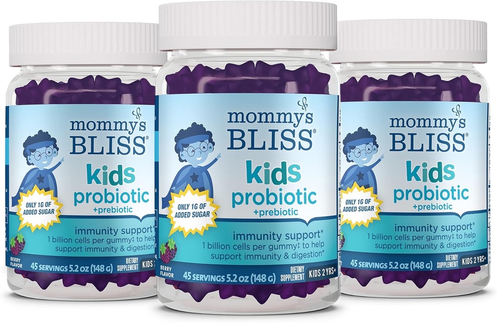 Mommy's Bliss Kids Probiotic + Prebiotic Gummies, Supports Immunity & Digestion for Kids 2 Years+, Less Sugar, Yummy Berry Flavor, 45 Count (Pack of 3)