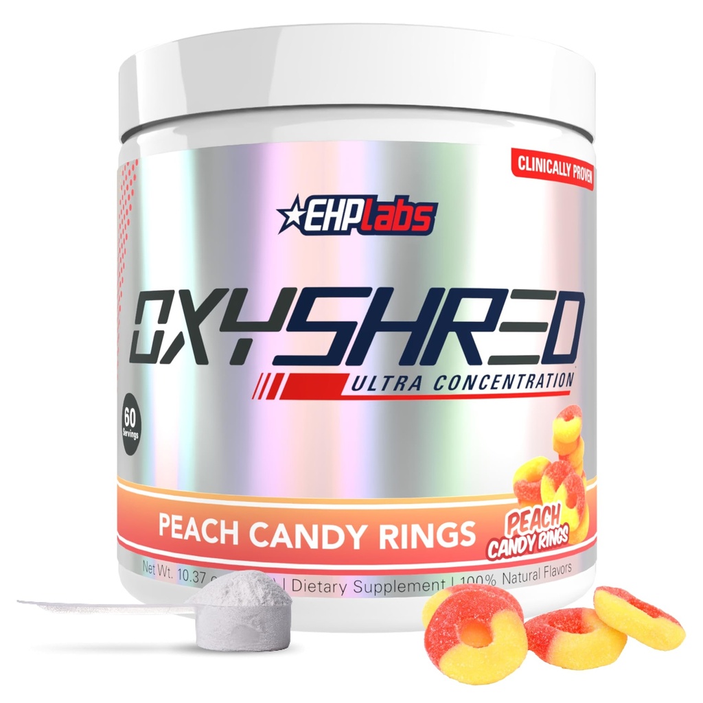 EHP Labs OxyShred Pre Workout Powder - Preworkout Powder with L Glutamine & Acetyl L Carnitine, Energy Boost Drink - Ροδάκινα Δαχτυλίδια Κάντυ, 60 εξυπηρετούν