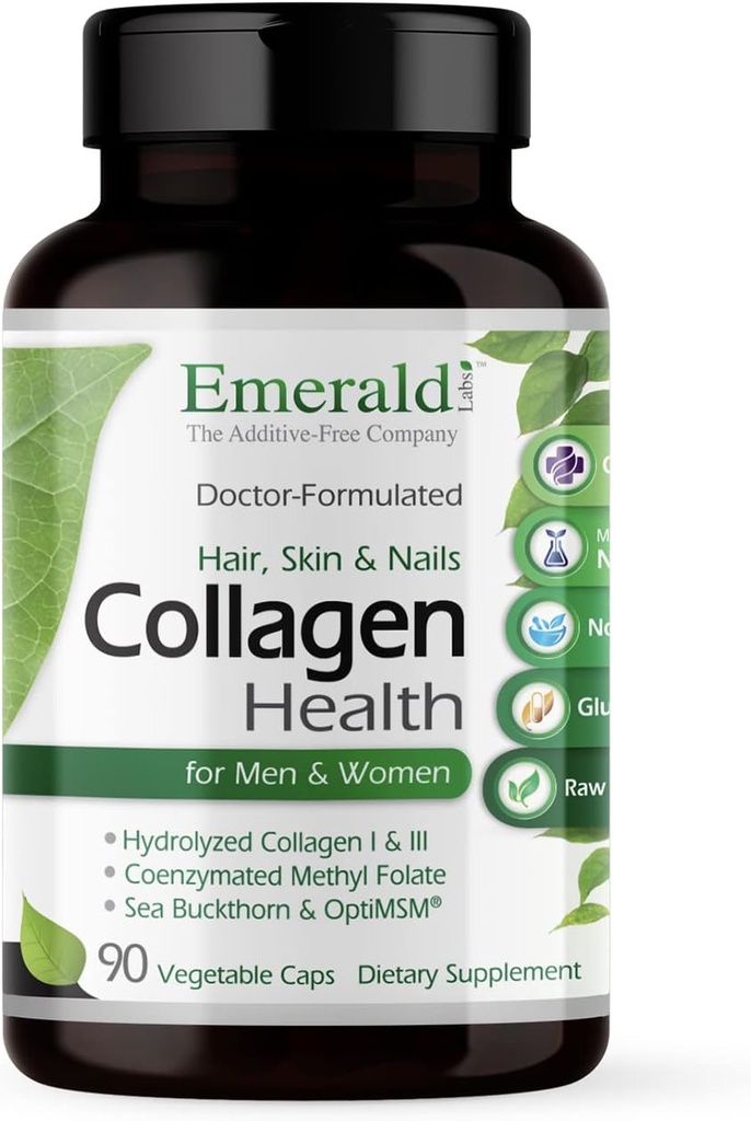 EMERALD LABS Collagen Health - Hydrolyzed Collagen for Healthy Hair, Skin & Nails with Saw Palmetto & Beta-Sitosterol - Επίσης υποστηρίζει ανοσοποιητικό & Adrenal Health - 90 κάψουλες λαχανικών (30-Day Supply)