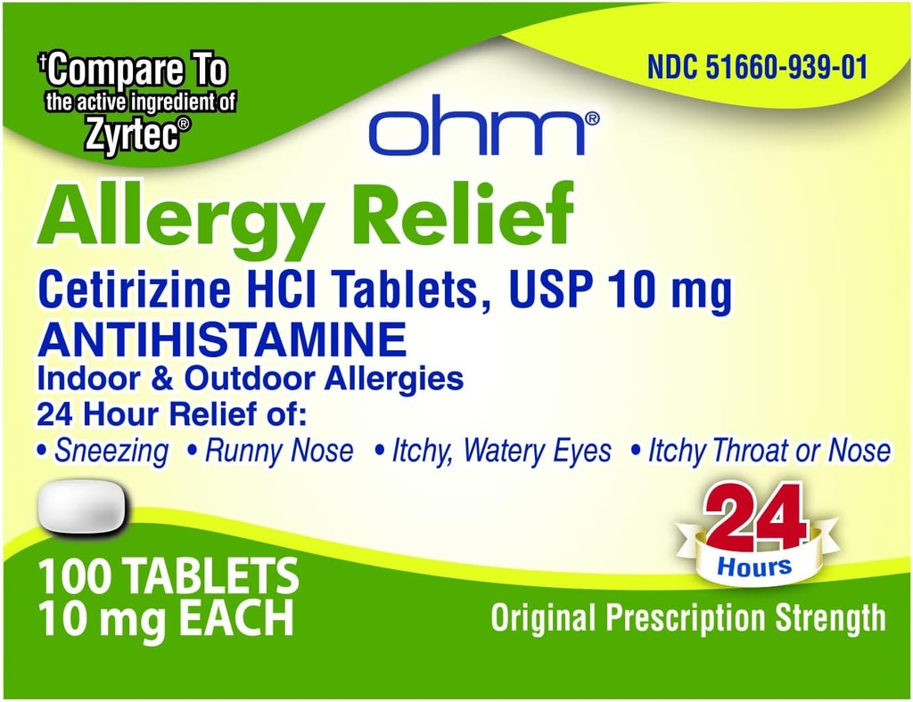 Om Cetirizine 10 mg Tablet - All Day Alergy Relief - 100 Count - Anti-Histamine for Hay Fever, Pollen, Dry Ichy Eyes - Αποτελεσματική ανακούφιση από όλες τις αλλεργίες